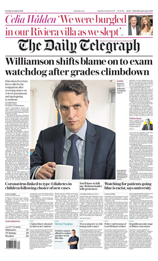 Daily Telegraph Front Page 19th of August 2020 - Tom…