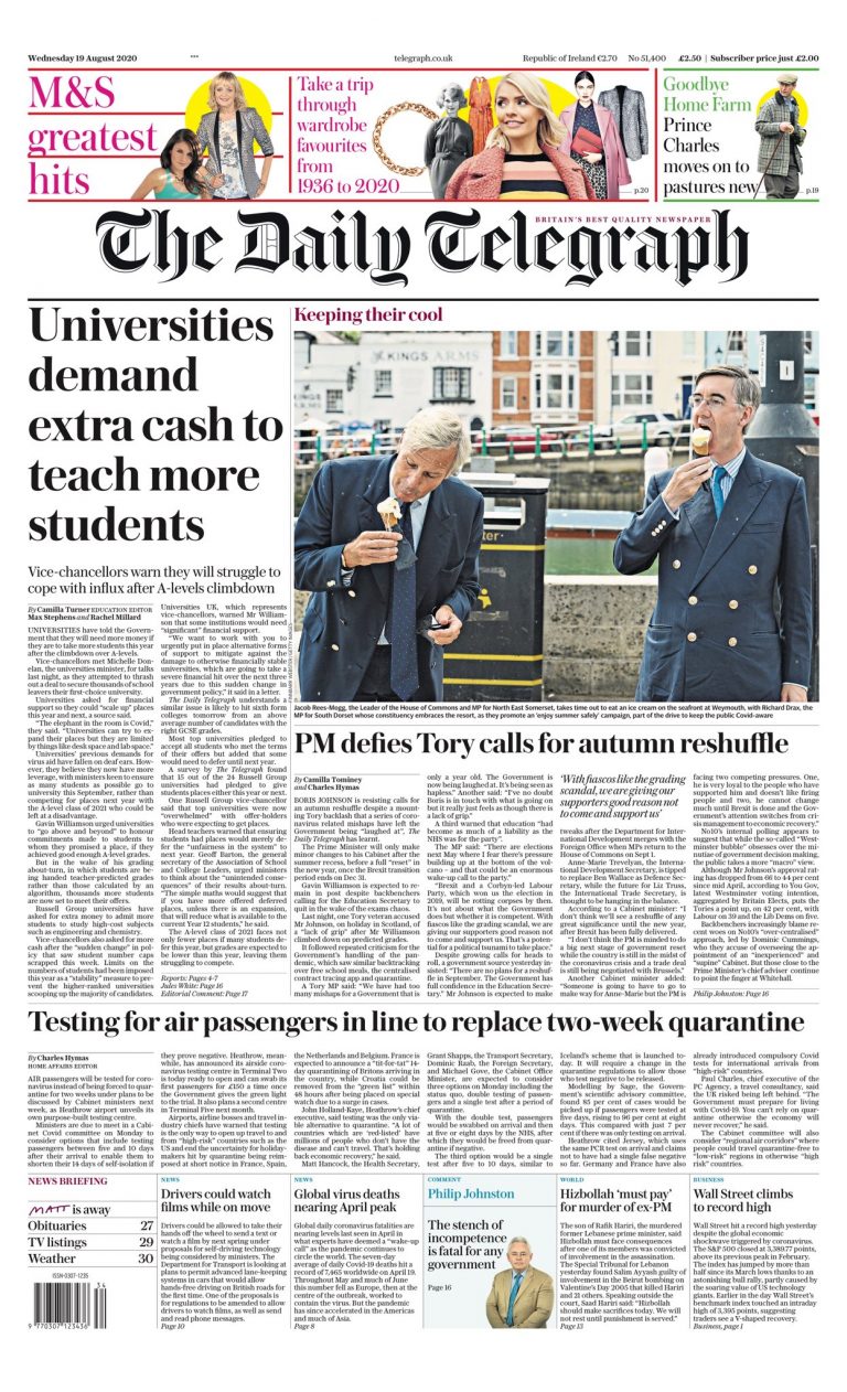 Daily Telegraph Front Page 5th of December 2020 - To…