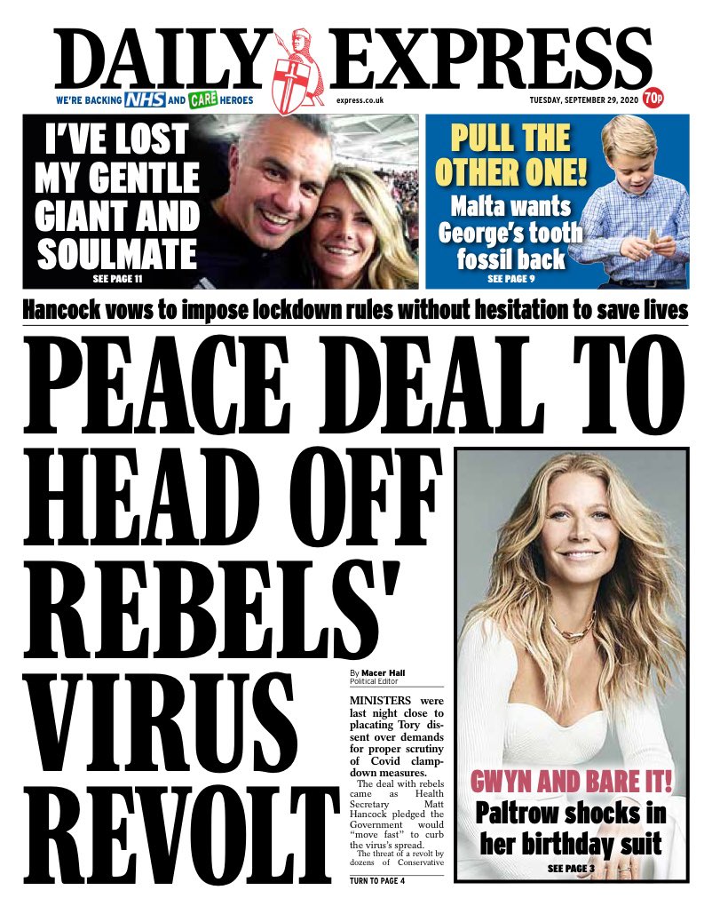 Daily Express Front Page 29th of September 2020 Tomorrow's Papers Today!