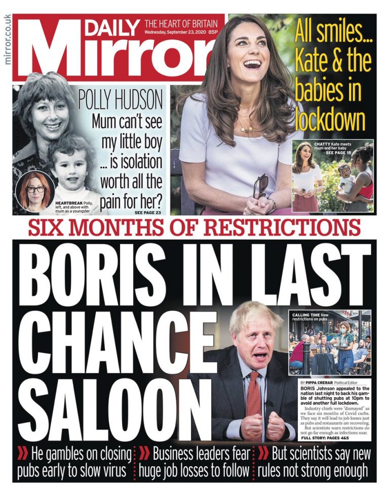 Daily Mirror Front Page 23rd of September 2020 Tomorrow's Papers Today!