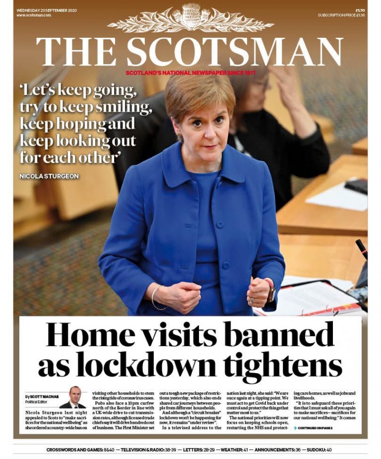 Scotsman Front Page 23rd of September 2020 Tomorrow's Papers Today!