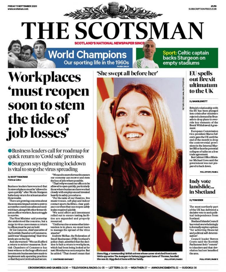 Scotsman Front Page 11th of September 2020 Tomorrow's Papers Today!