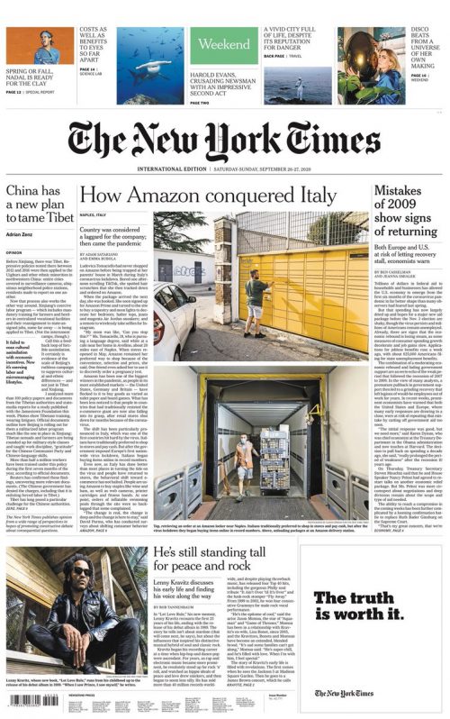 New York Times Front Page 26th Of September 2020 Tomorrows Papers Today 