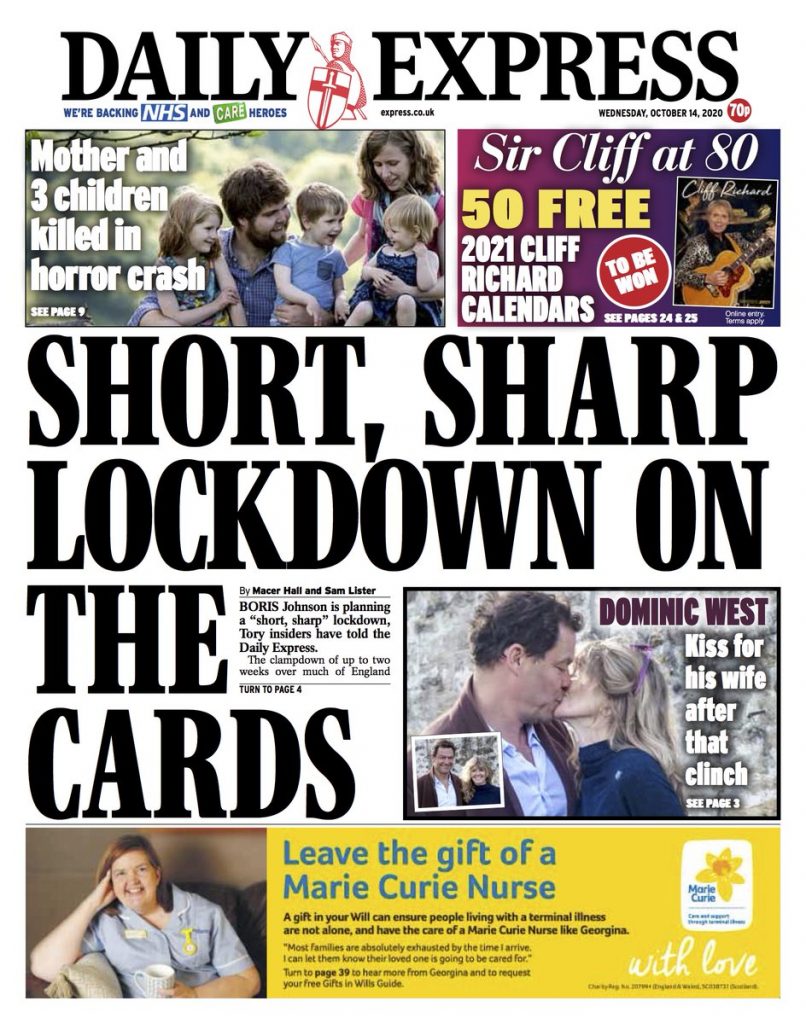 Daily Express Front Page 14th of October 2020 - Tomorrow's Papers Today!