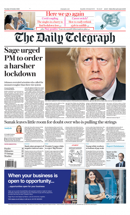 Daily Telegraph Front Page 13th of October 2020 Tomorrow's Papers Today!
