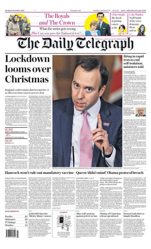 Daily Telegraph Front Page 17th of November 2020 Tomorrow's Papers Today!