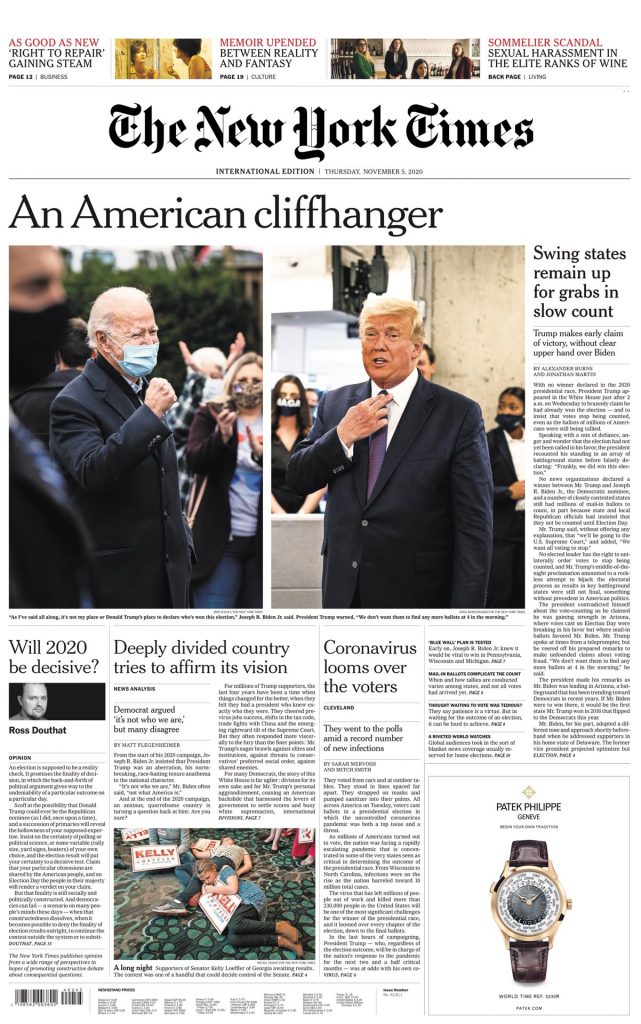 New York Times Front Page 5th of November 2020 - Tomorrow's Papers Today!