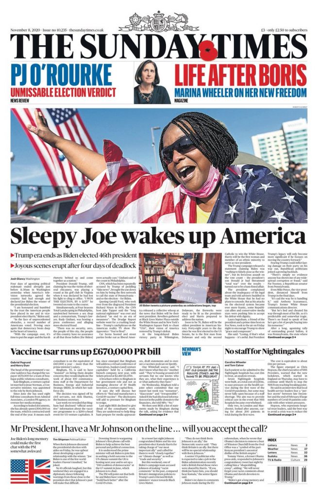 Sunday Times Front Page 8th of November 2020 Tomorrow's Papers Today!