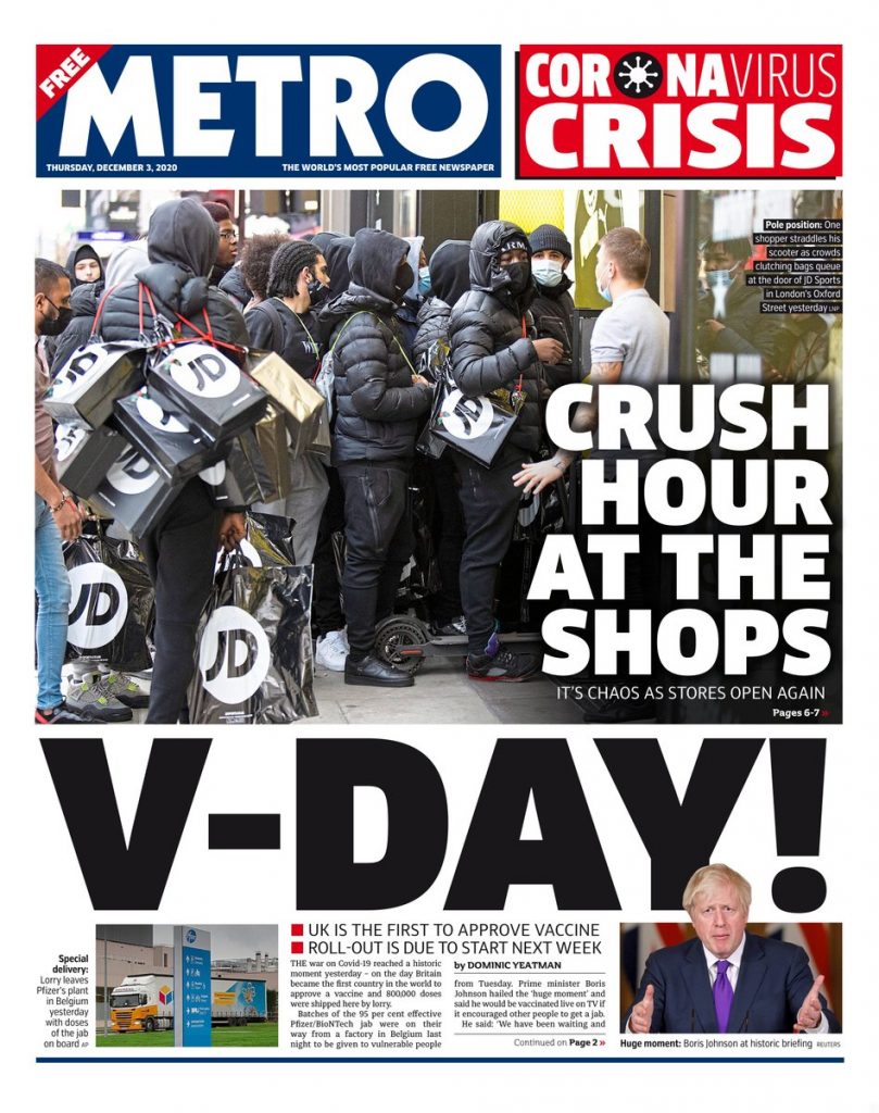 Metro Front Page 3rd of December 2020 - Tomorrow's Papers Today!