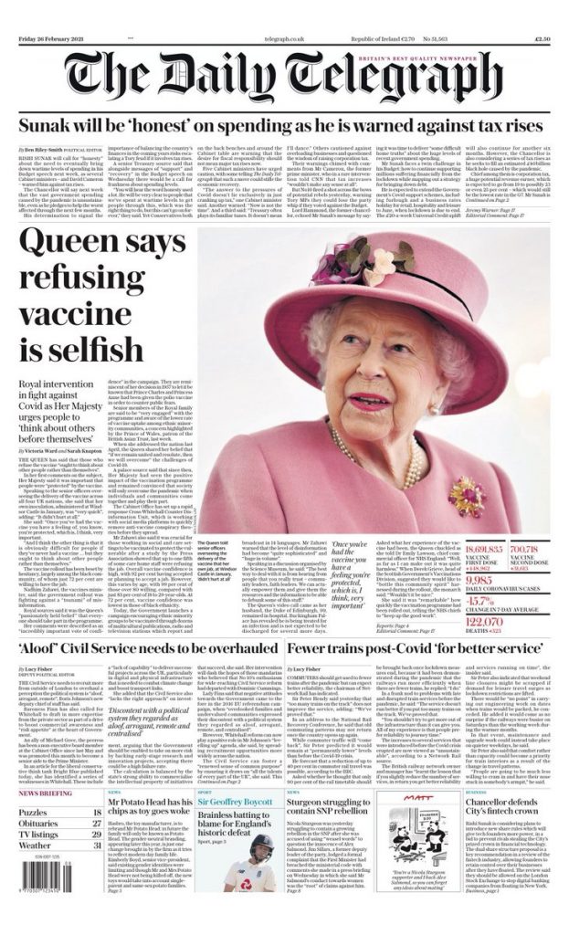 Daily Telegraph Front Page 26th Of February 2021 Tomorrows Papers Today 