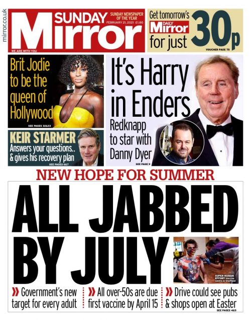 Sunday Mirror Front Page 21st of February 2021 Tomorrow's Papers Today!