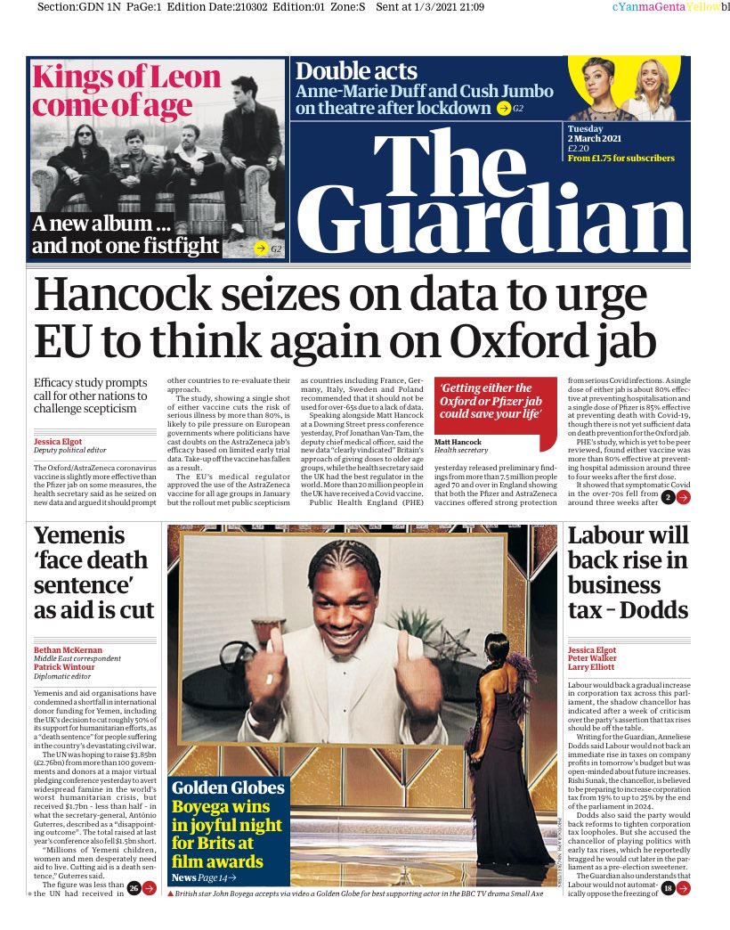Guardian Front Page 2nd of March 2021 - Tomorrow's Papers Today!