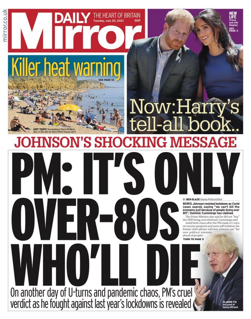 Daily Mirror Front Page 20th of July 2021 Tomorrow's Papers Today!
