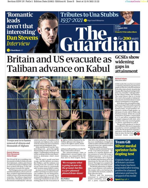 Guardian Front Page 13th of August 2021 - Tomorrow's Papers Today!