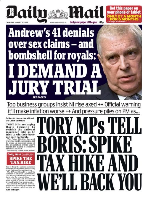 Daily Mail Front Page 27th of January 2022 Tomorrow's Papers Today!