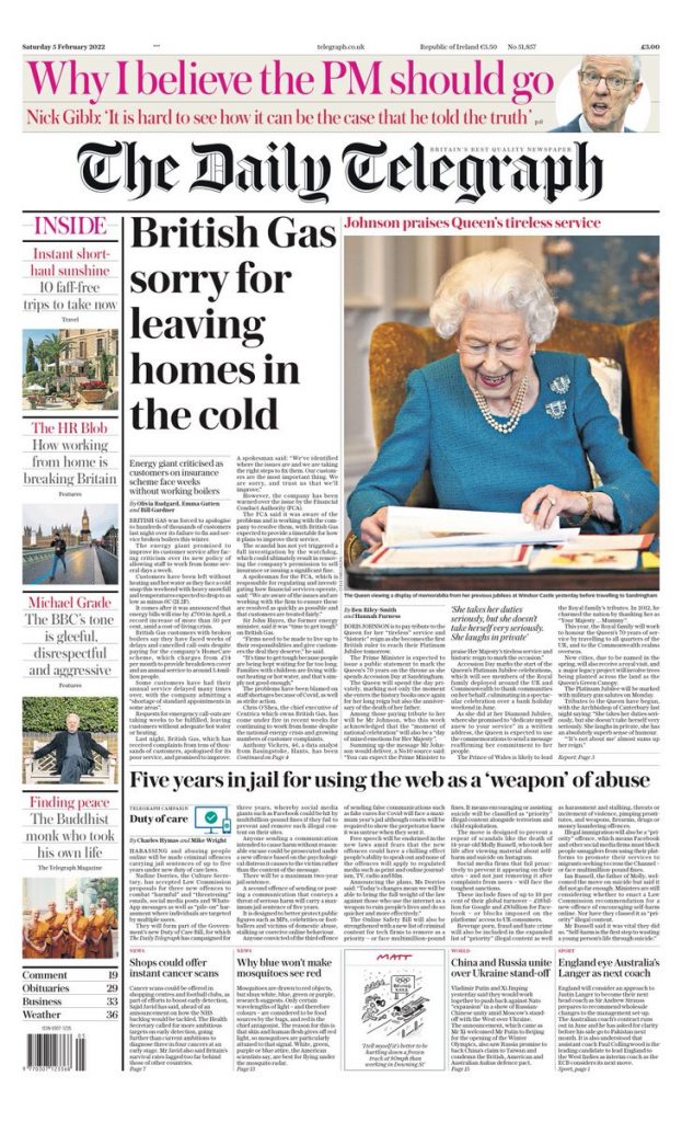 Daily Telegraph Front Page 5th of February 2022 Tomorrow's Papers Today!