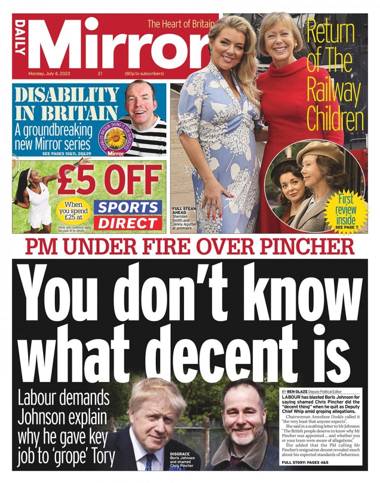 Daily Mirror Front Page 4th of July 2022 Tomorrow's Papers Today!