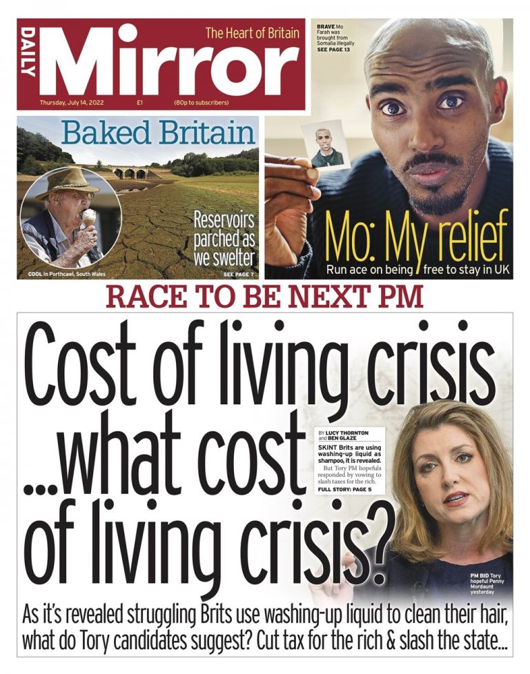 Daily Mirror Front Page 14th of July 2022 Tomorrow's Papers Today!