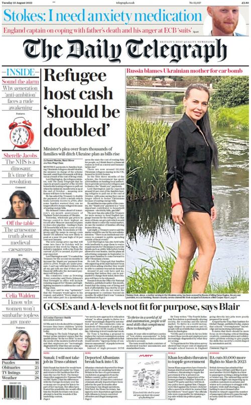 Daily Telegraph Front Page 23rd of August 2022 Tomorrow's Papers Today!