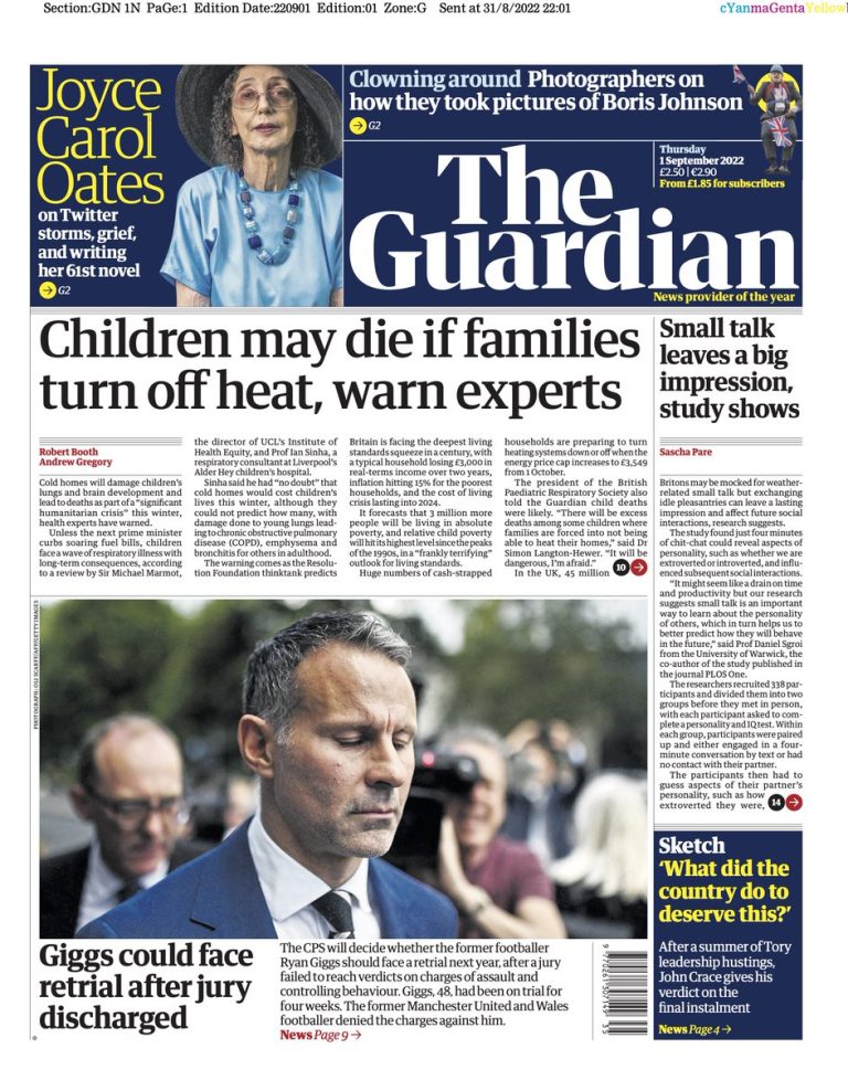 Guardian Front Page 1st of September 2022 Tomorrow's Papers Today!