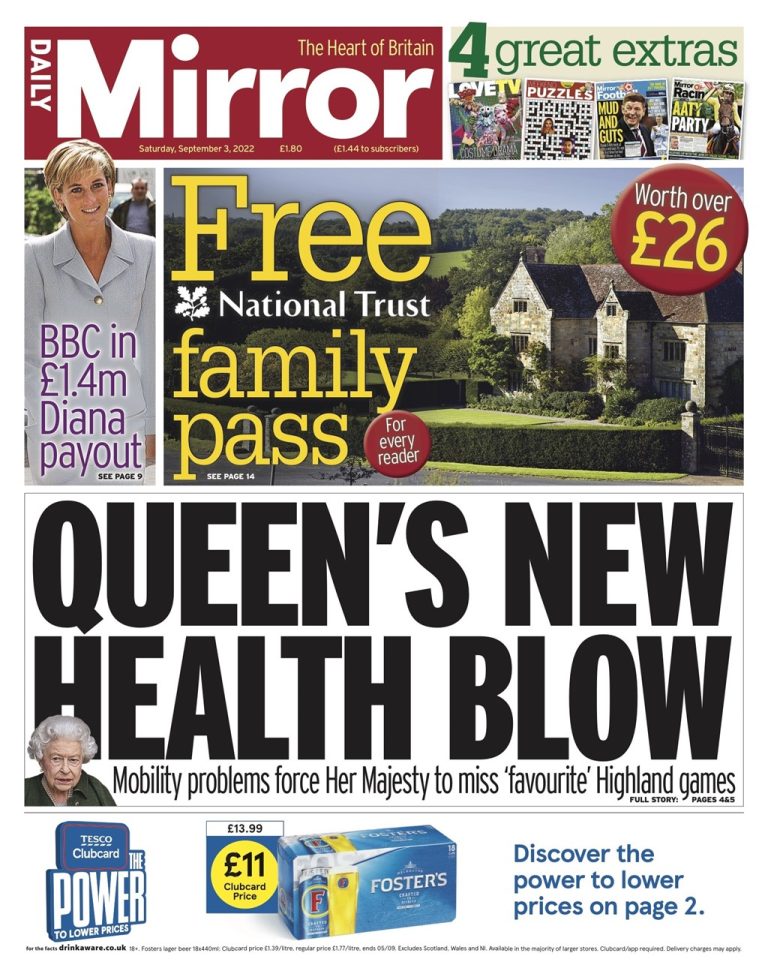 Daily Mirror Front Page 3rd of September 2022 Tomorrow's Papers Today!