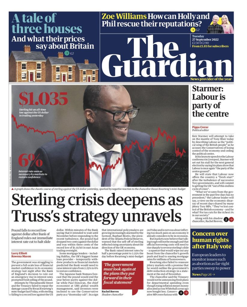 Guardian Front Page 27th of September 2022 - Tomorrow's Papers Today!