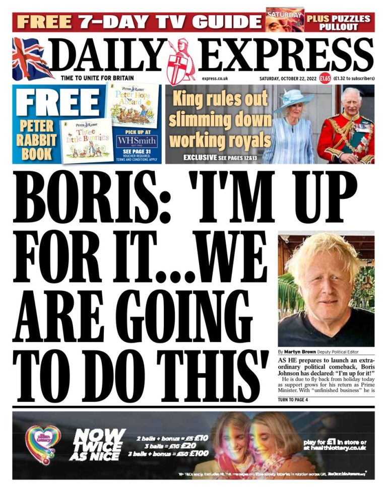 Daily Express Front Page 22nd of October 2022 Tomorrow's Papers Today!
