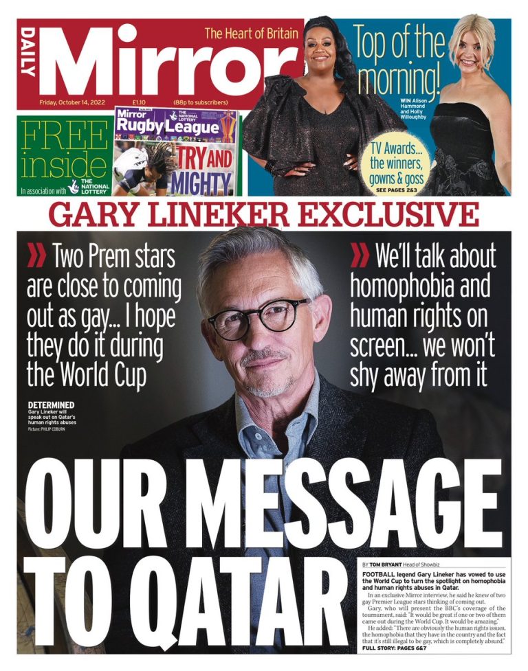 Daily Mirror Front Page 14th of October 2022 Tomorrow's Papers Today!
