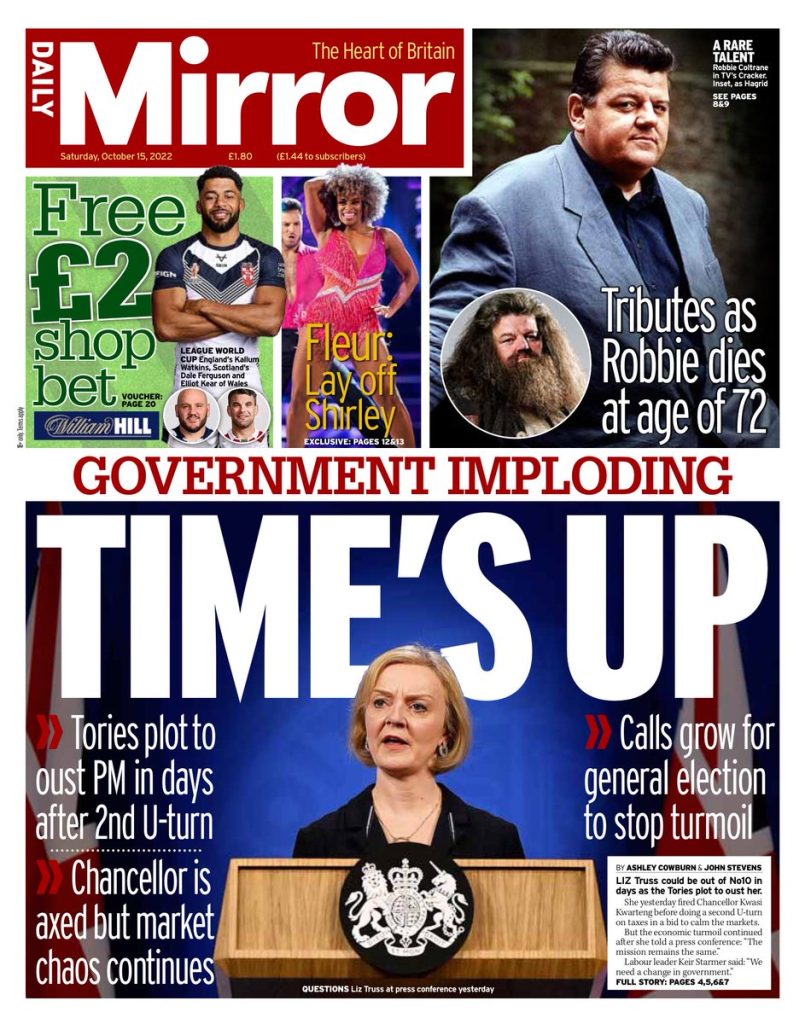 Daily Mirror Front Page 15th of October 2022 Tomorrow's Papers Today!