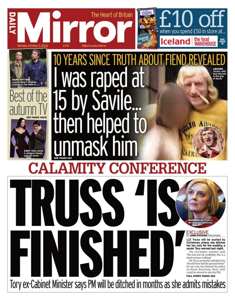 Daily Mirror Front Page 3rd of October 2022 Tomorrow's Papers Today!