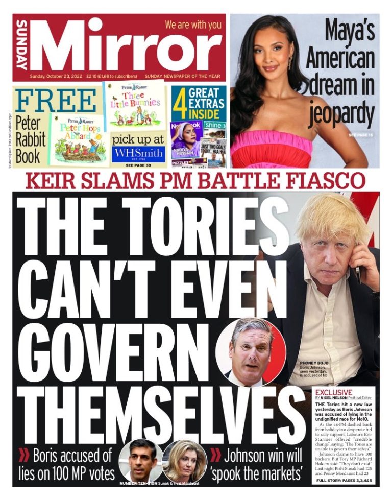Sunday Mirror Front Page 23rd of October 2022 Tomorrow's Papers Today!