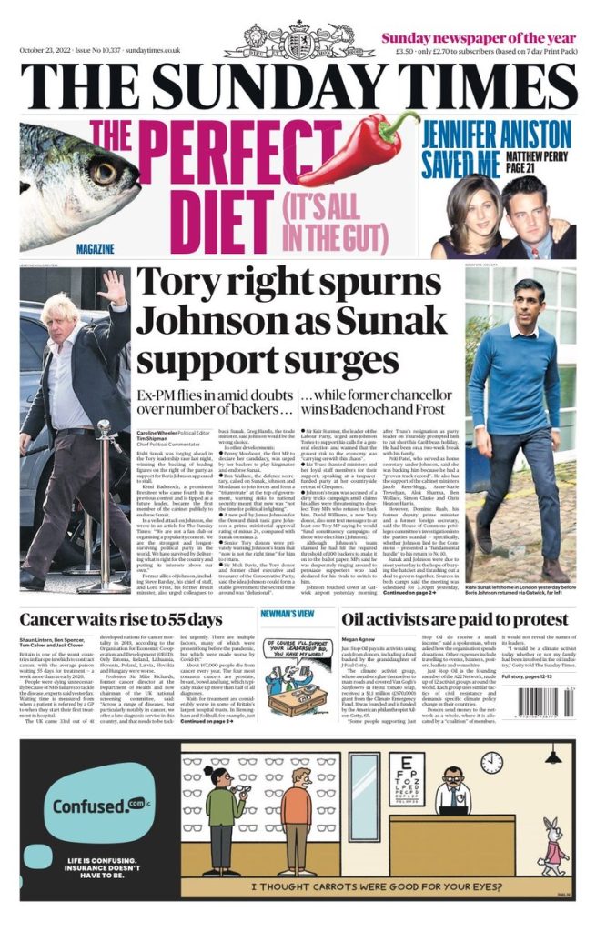 Sunday Times Front Page 23rd of October 2022 Tomorrow's Papers Today!