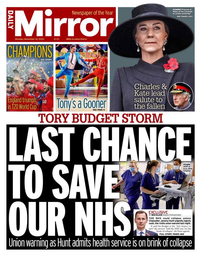 Daily Mirror Front Page 14th of November 2022 Tomorrow's Papers Today!
