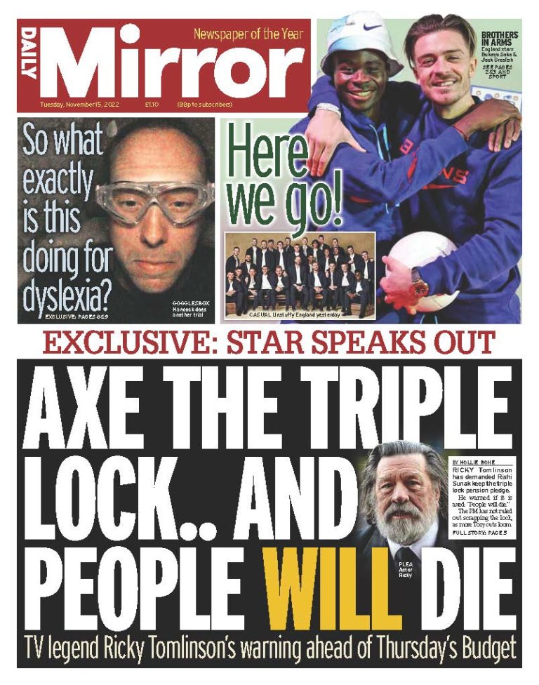 Daily Mirror Front Page 15th of November 2022 Tomorrow's Papers Today!