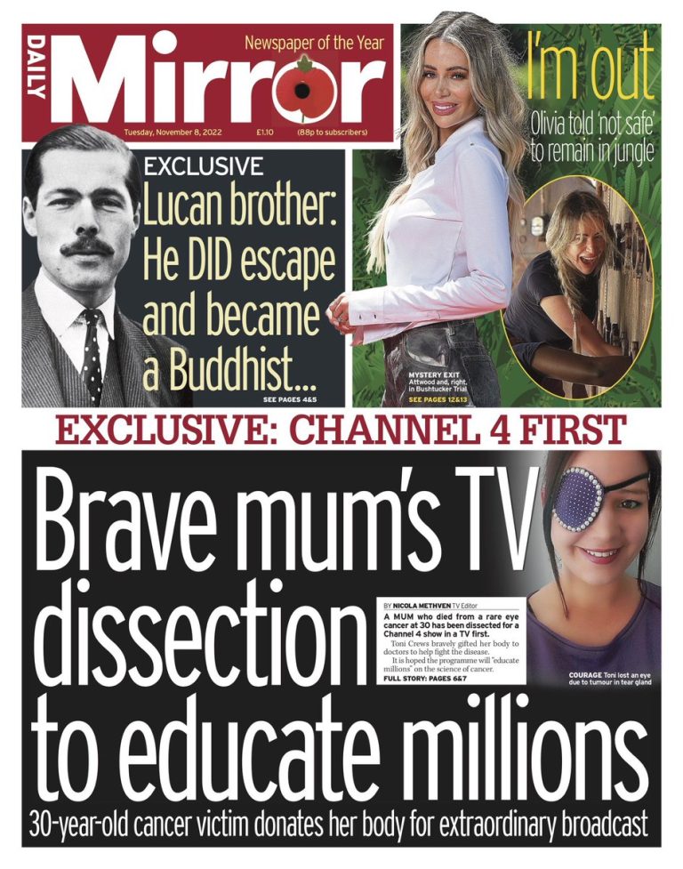 Daily Mirror Front Page 8th of November 2022 Tomorrow's Papers Today!