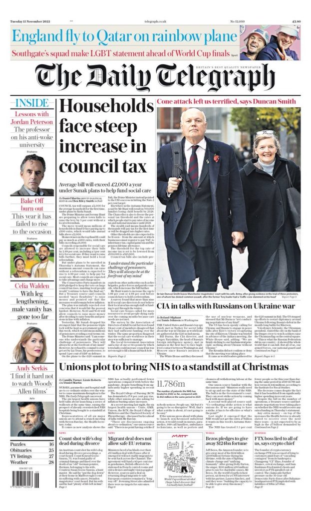Daily Telegraph Front Page 15th of November 2022 Tomorrow's Papers Today!
