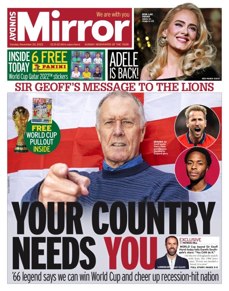 Sunday Mirror Front Page 20th of November 2022 Tomorrow's Papers Today!