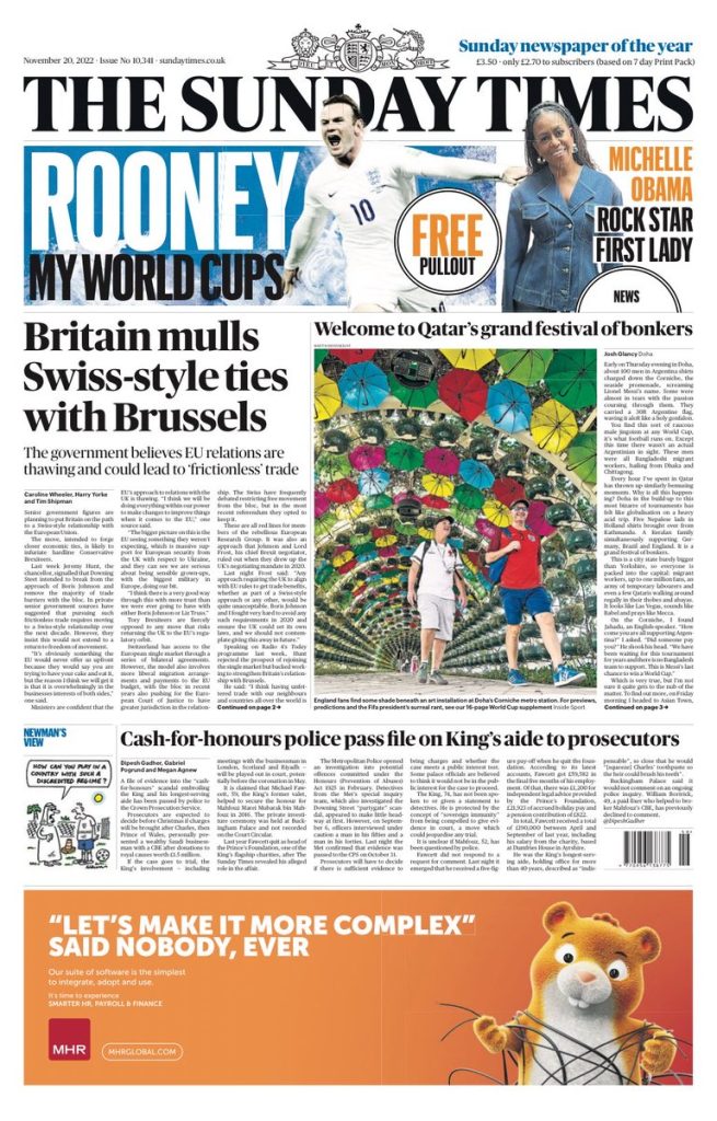 Sunday Times Front Page 20th of November 2022 Tomorrow's Papers Today!
