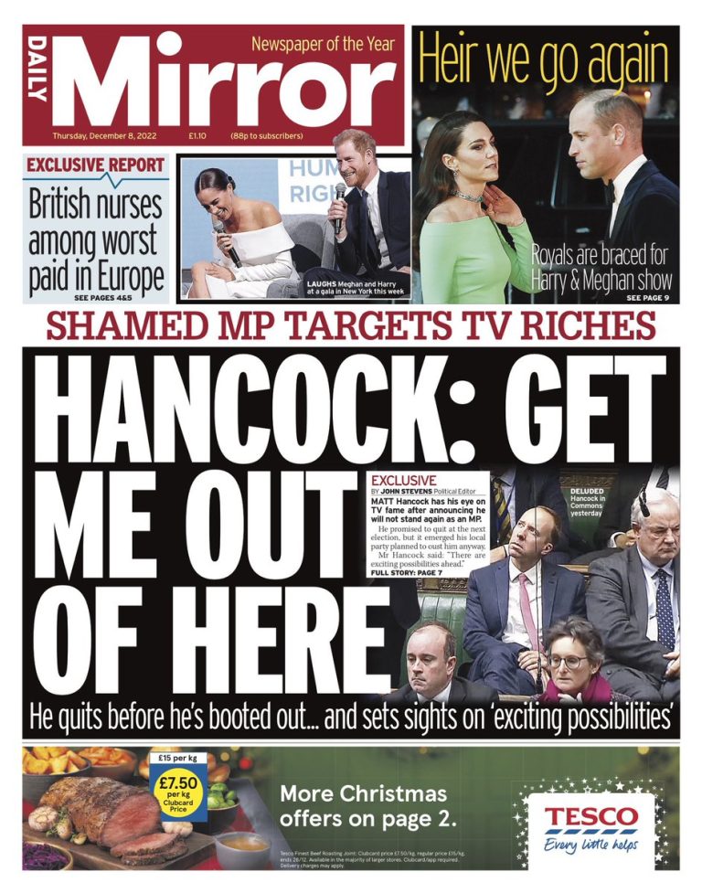 Daily Mirror Front Page 8th of December 2022 Tomorrow's Papers Today!