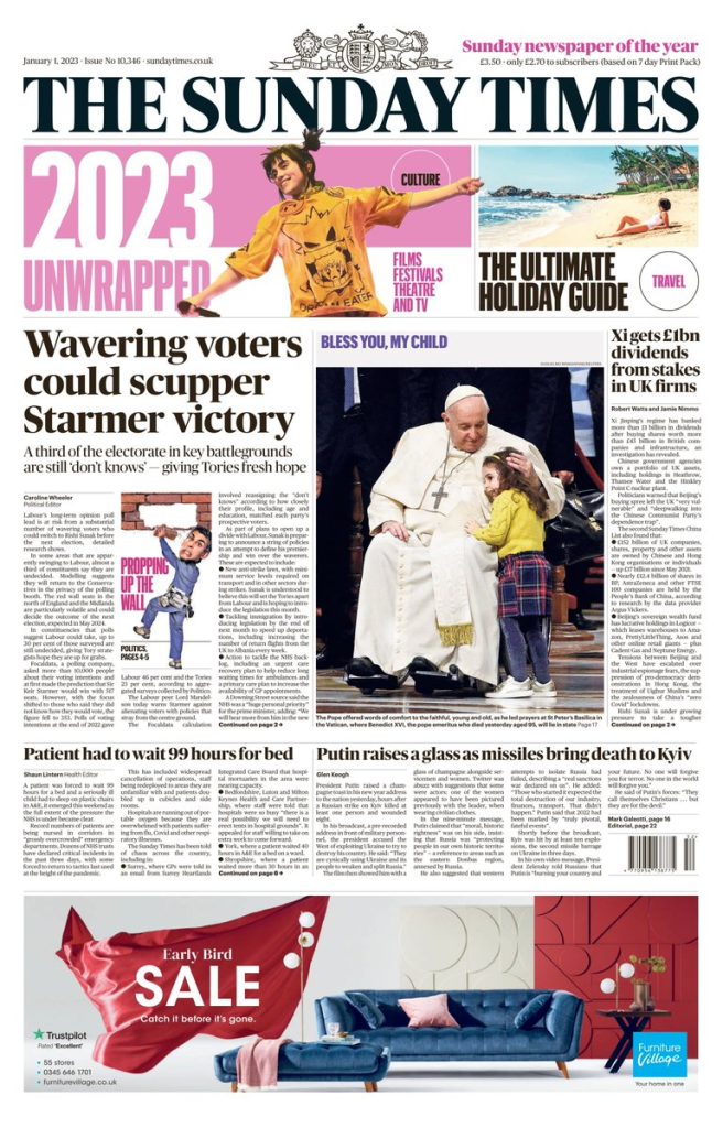 Sunday Times Front Page 1st of January 2023 Tomorrow's Papers Today!