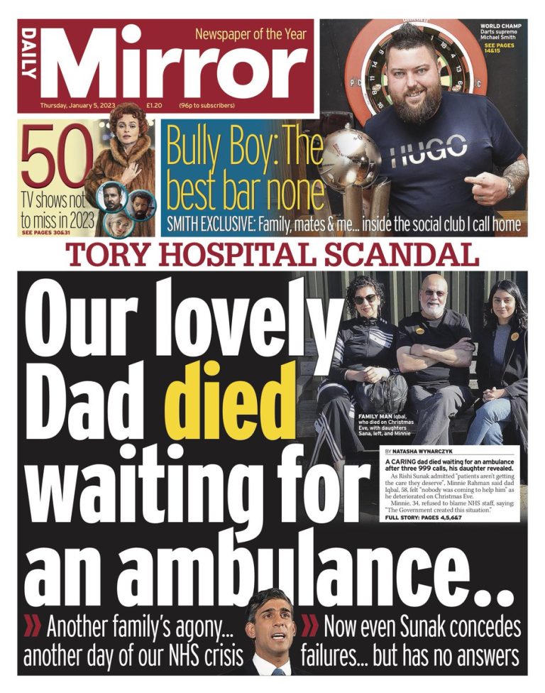 Daily Mirror Front Page 5th of January 2023 Tomorrow's Papers Today!