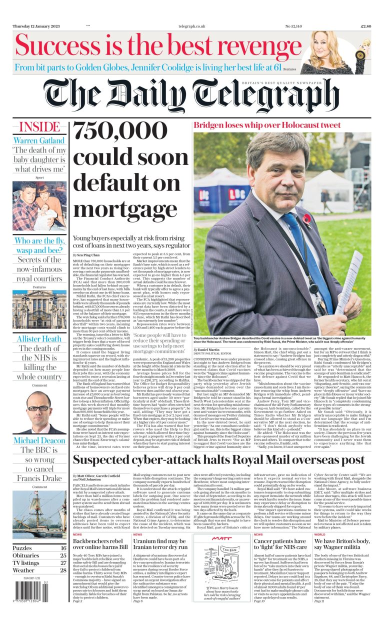 Daily Telegraph Front Page 12th of January 2023 Tomorrow's Papers Today!