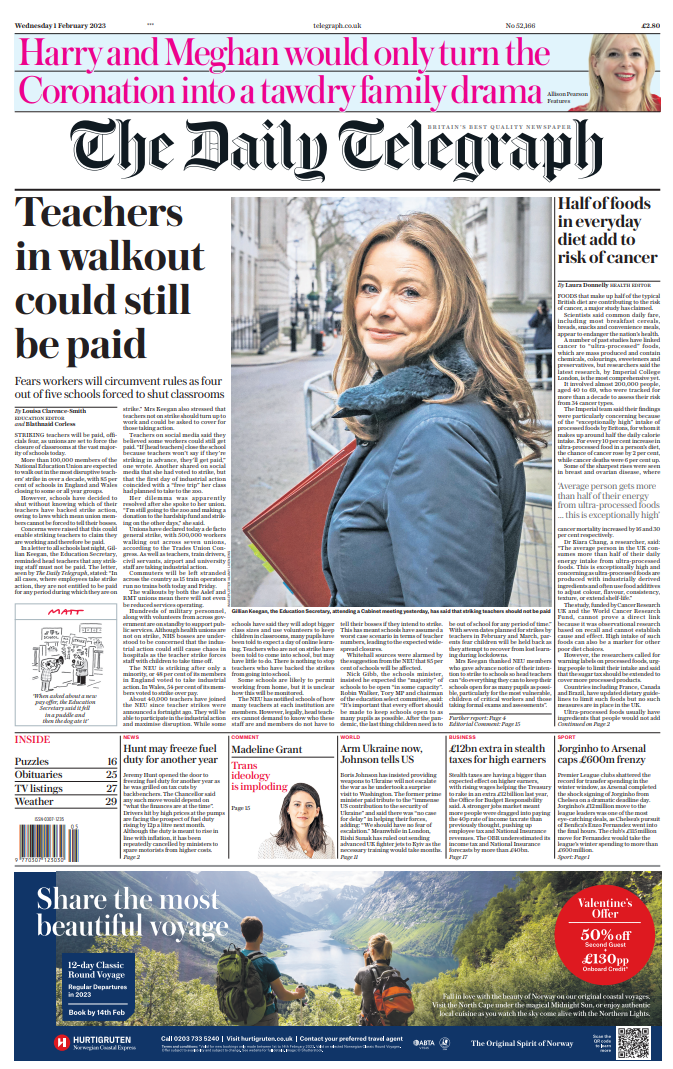 Daily Telegraph Front Page 1st Of February 2023 Tomorrows Papers Today