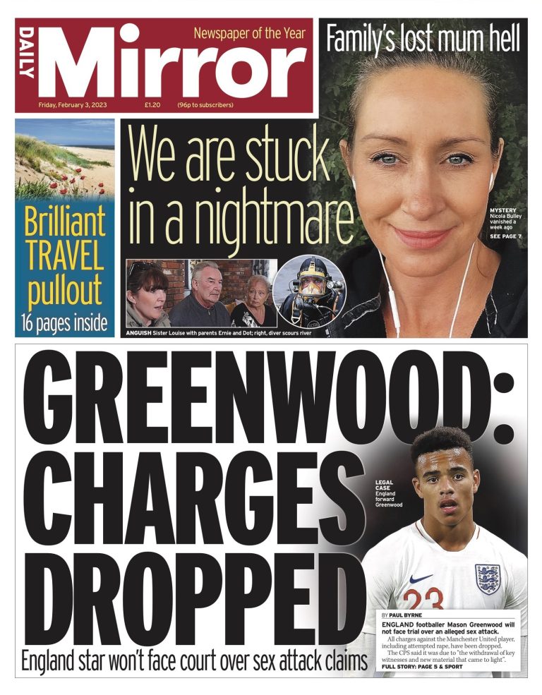 Daily Mirror Front Page 3rd of February 2023 Tomorrow's Papers Today!