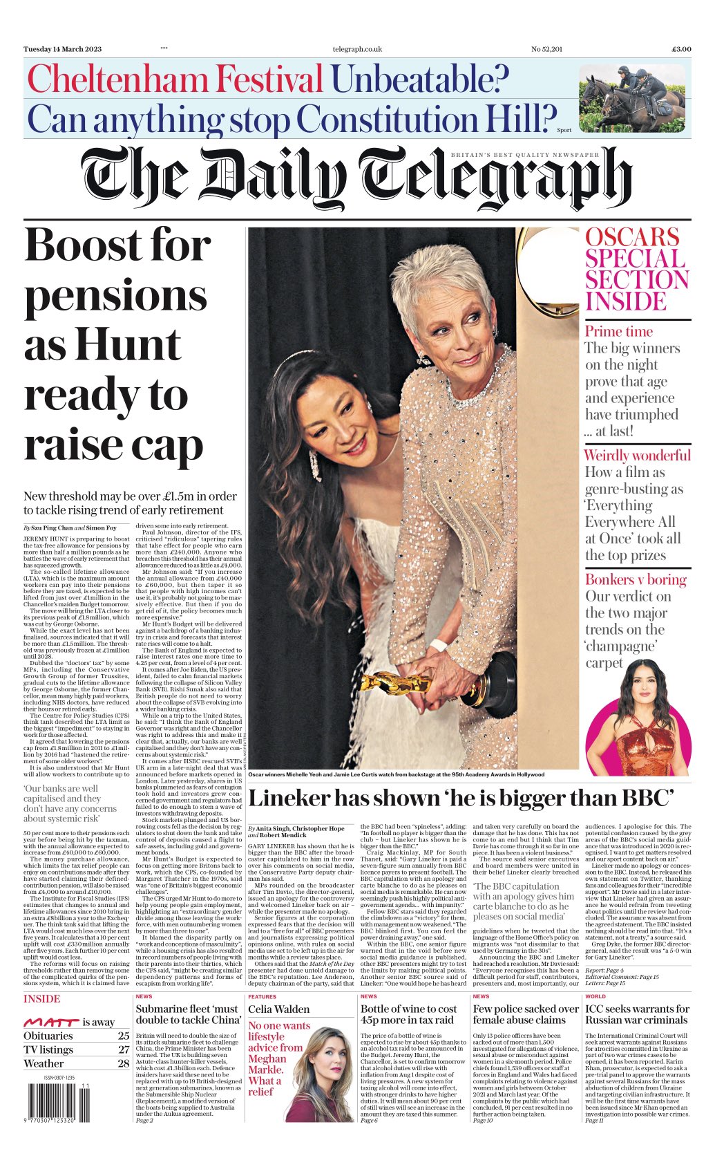 Daily Telegraph Front Page 14th Of March 2023 Tomorrows Papers Today