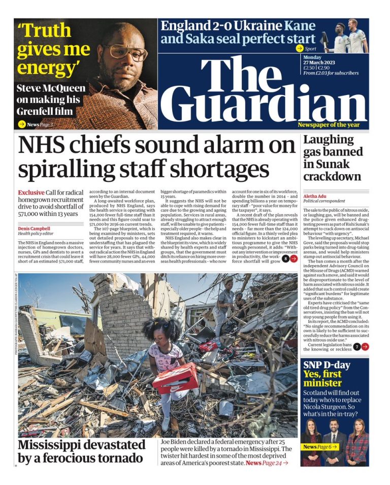 Guardian Front Page 27th of March 2023 Tomorrow's Papers Today!