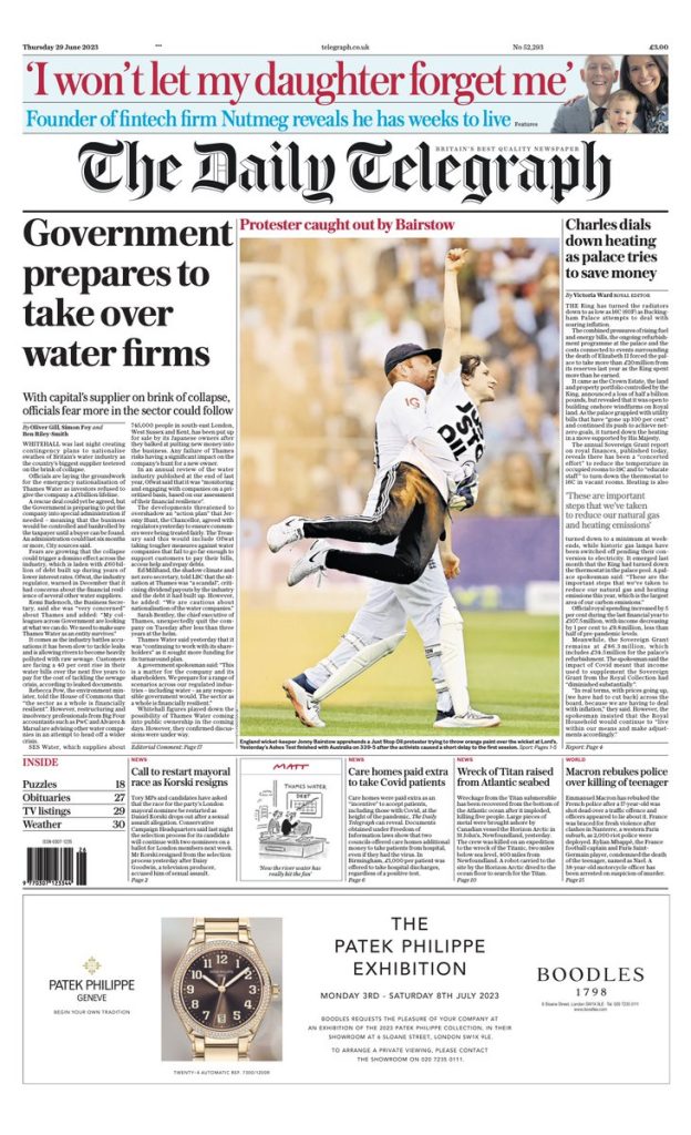 Daily Telegraph Front Page 29th Of June 2023 Tomorrow s Papers Today 