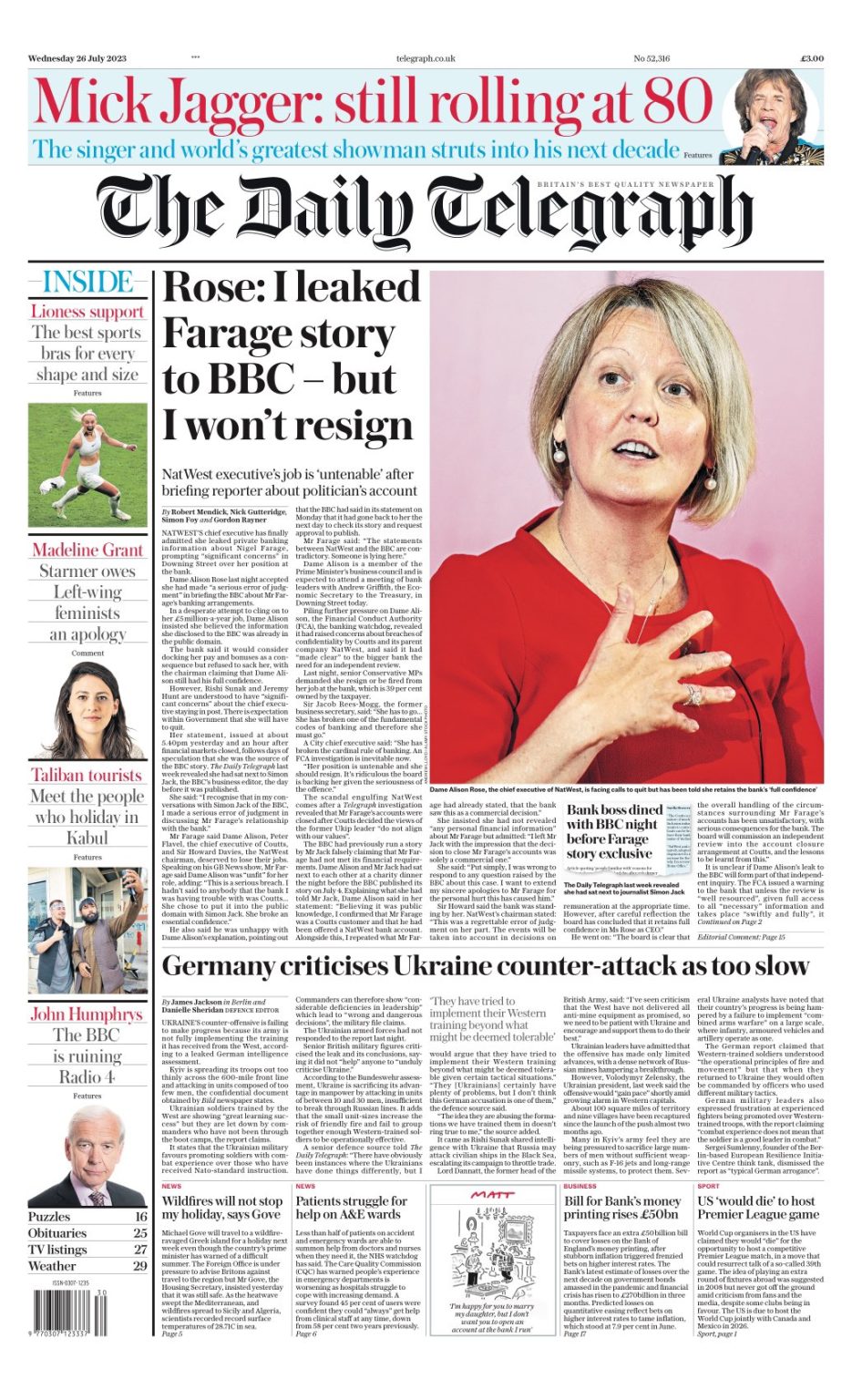 Daily Telegraph Front Page 26th of July 2023 Tomorrow's Papers Today!