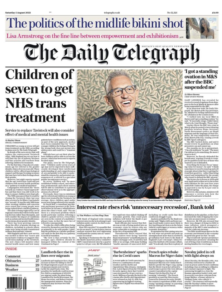 Daily Telegraph Front Page 5th of August 2023 Tomorrow's Papers Today!