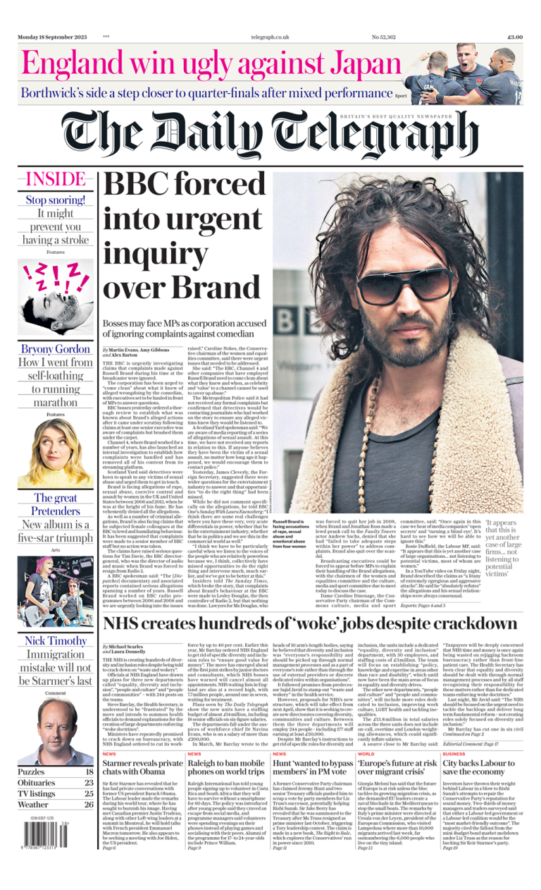 Daily Telegraph Front Page 18th of September 2023 Tomorrow's Papers